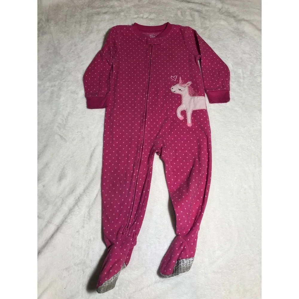5/$25 Carter's Footed Sleeper Toddler 24M Pink Unicorn Polka Dot Fleece Pajamas